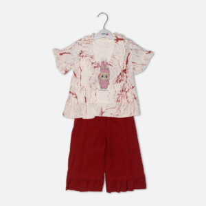 baby girl jacket set, infant 3 piece summer set, maroon baby palazzo pants, toddler wide leg trousers, baby shrug dress, Mini & Me baby shop, newborn girl clothes Karachi, breathable infant cotton tees, 3m-18m girls boutique wear, kids summer ruffled outfit.