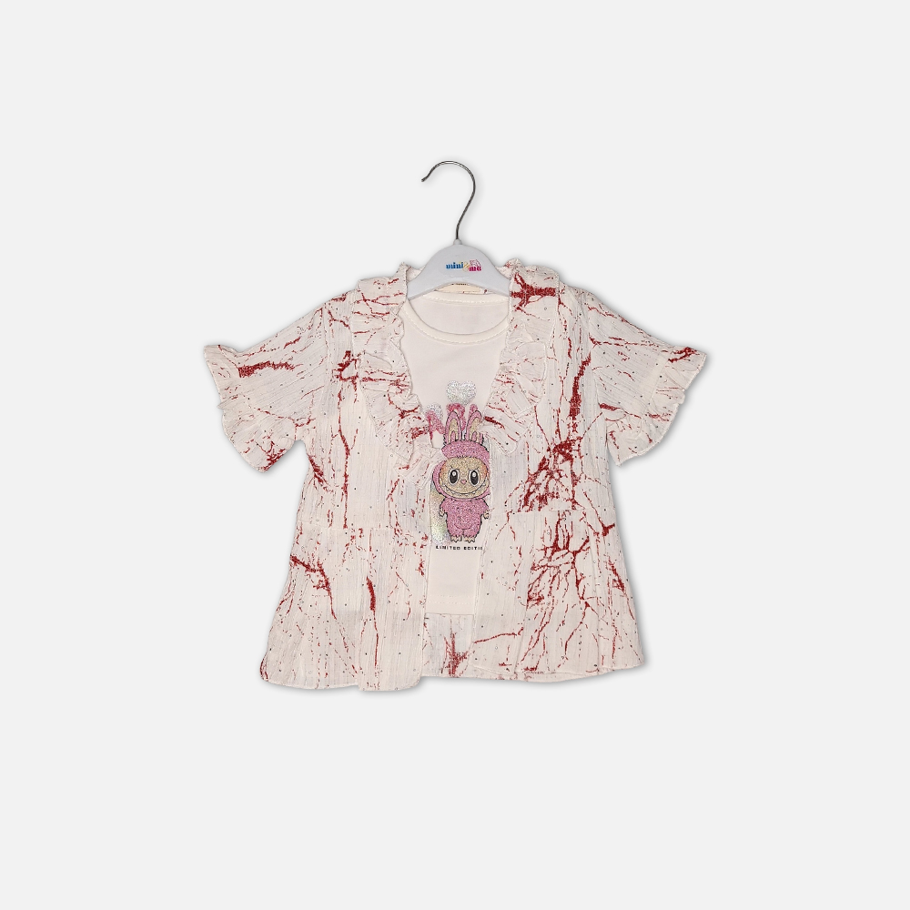 girlsSuit13120-1-3 baby girl jacket set, infant 3 piece summer set, maroon baby palazzo pants, toddler wide leg trousers, baby shrug dress, Mini & Me baby shop, newborn girl clothes Karachi, breathable infant cotton tees, 3m-18m girls boutique wear, kids summer ruffled outfit.