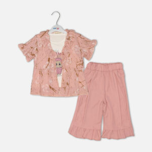 Baby girl 3-piece summer clothing set showcasing a dusty pink short-sleeve shrug jacket with an abstract print and ruffled collar, layered over a white graphic t-shirt and paired with matching wide-leg pants featuring ruffled cuffs from Mini & Me.