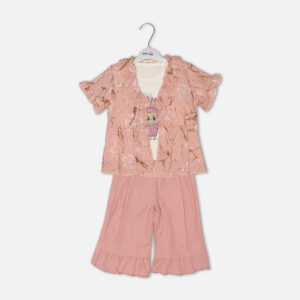 Baby girl 3-piece summer clothing set showcasing a dusty pink short-sleeve shrug jacket with an abstract print and ruffled collar, layered over a white graphic t-shirt and paired with matching wide-leg pants featuring ruffled cuffs from Mini & Me.