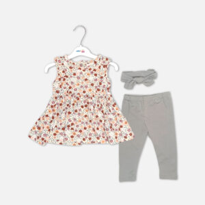 Baby girl 3-piece summer clothing set showcasing a sleeveless cream frock with an all-over rust and burgundy vintage floral print, displayed alongside solid grey elastic leggings and a matching knotted bow headband from Mini & Me.
