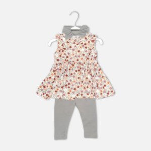 Baby girl 3-piece summer clothing set showcasing a sleeveless cream frock with an all-over rust and burgundy vintage floral print, displayed alongside solid grey elastic leggings and a matching knotted bow headband from Mini & Me.