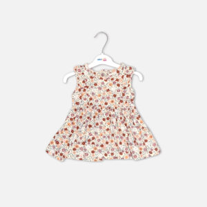 Baby girl 3-piece summer clothing set showcasing a sleeveless cream frock with an all-over rust and burgundy vintage floral print, displayed alongside solid grey elastic leggings and a matching knotted bow headband from Mini & Me.