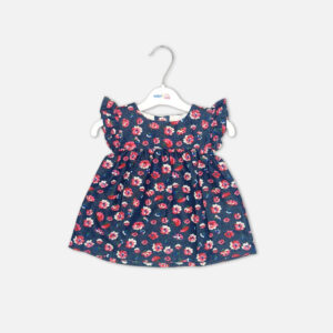 Baby girl 3-piece summer clothing set showcasing a sleeveless navy blue frock with a red and pink floral print and ruffled shoulders, displayed alongside a white short-sleeve bodysuit with a "Happy Flower" graphic print and matching navy floral bloomer shorts from Mini & Me.