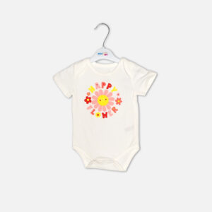 Baby girl 3-piece summer clothing set showcasing a sleeveless navy blue frock with a red and pink floral print and ruffled shoulders, displayed alongside a white short-sleeve bodysuit with a "Happy Flower" graphic print and matching navy floral bloomer shorts from Mini & Me.