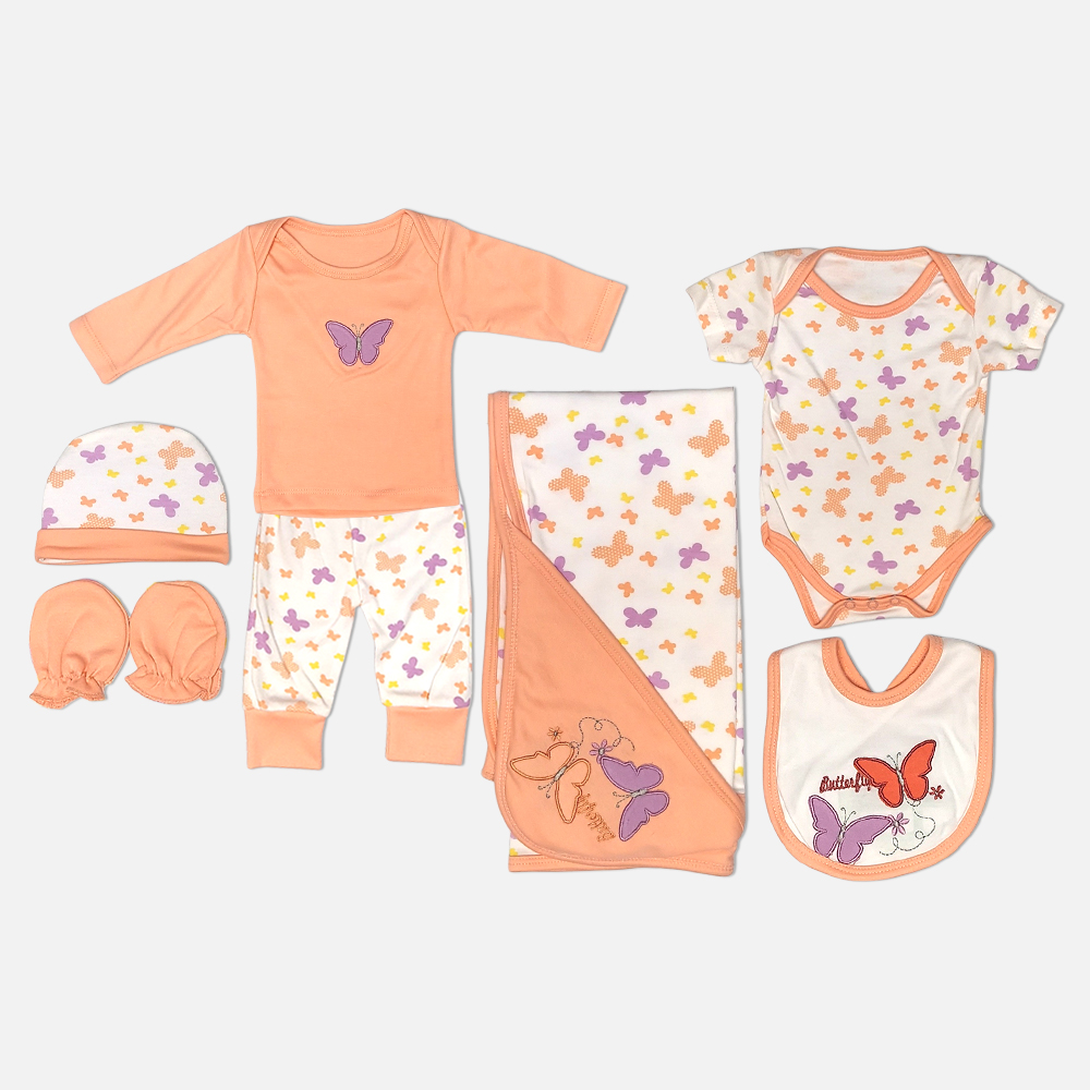 08000005 7 piece newborn baby clothing gift set featuring a peach, purple, and yellow butterfly print, including a long sleeve top, trousers, short sleeve bodysuit, hooded swaddle blanket, bib, beanie hat, and scratch mittens laid flat on a white background.