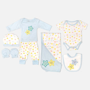 7 piece newborn baby clothing gift set featuring a light blue, yellow, pink, and teal smiling stars print, including a long sleeve top, trousers, short sleeve bodysuit, hooded swaddle blanket, bib, beanie hat, and scratch mittens laid flat on a white background.