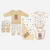 7 piece newborn baby clothing gift set featuring a beige, blue, and orange sports print with Mommy's Catch text, including a long sleeve top, trousers, short sleeve bodysuit, hooded swaddle blanket, bib, beanie hat, and scratch mittens laid flat on a white background.