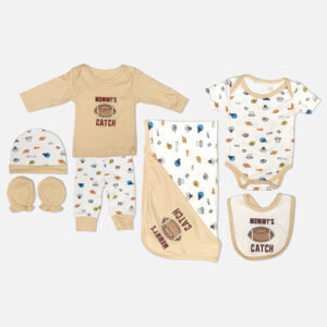 7 piece newborn baby clothing gift set featuring a beige, blue, and orange sports print with Mommy's Catch text, including a long sleeve top, trousers, short sleeve bodysuit, hooded swaddle blanket, bib, beanie hat, and scratch mittens laid flat on a white background.