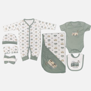 7 piece newborn baby clothing gift set featuring a sage green and off-white camper van print, including a sleepsuit, short sleeve bodysuit, hooded swaddle blanket, bib, beanie hat, scratch mittens, and a washcloth laid flat on a white background.