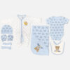 7 piece newborn baby clothing gift set featuring a light blue and off-white teddy bear print with I love my Mummy text, including a sleepsuit, short sleeve bodysuit, hooded swaddle blanket, bib, beanie hat, scratch mittens, and a washcloth laid flat on a white background.
