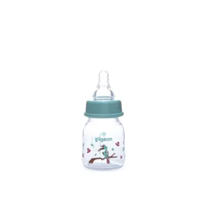 Pigeon Compact Flexible baby bottle for 0+ months featuring a colorful hornbill bird on a branch illustration with a teal collar cap.