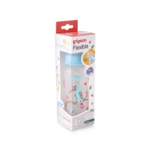 Pigeon Flexible standard neck PP RP feeder bottle 240ml featuring a colorful Hornbill bird illustration with a blue collar cap.