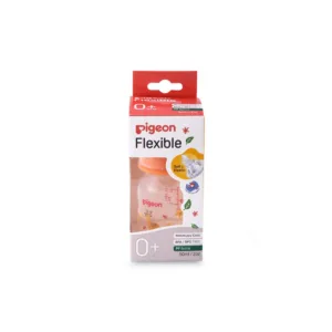 Pigeon Flexible Feeder baby bottle for 4+ months with Air Vent System, featuring a cute deer and falling autumn leaves illustration with a peach-orange collar cap.