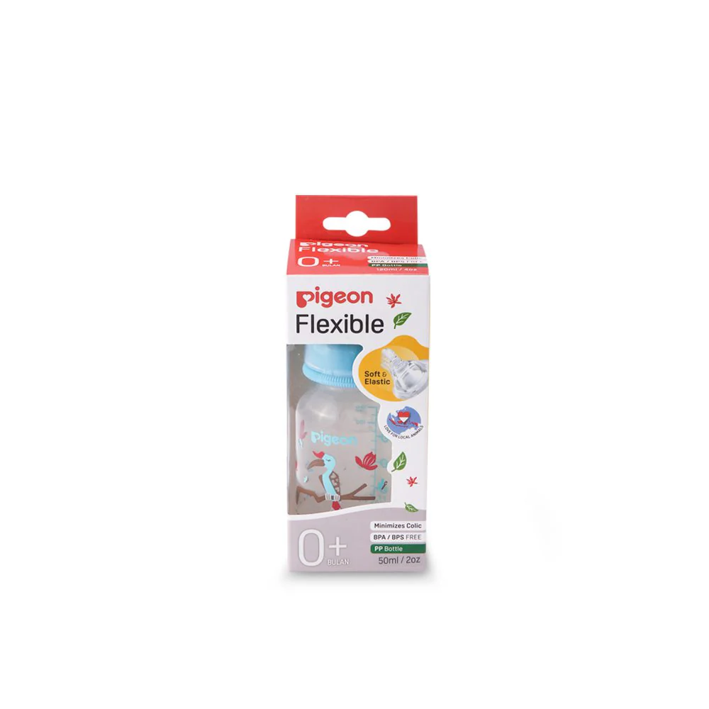 12 (1) Pigeon Compact Flexible baby bottle for 0+ months featuring a colorful hornbill bird on a branch illustration with a teal collar cap.