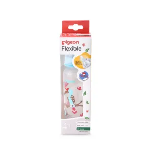 Pigeon Flexible standard neck PP RP feeder bottle 240ml featuring a colorful Hornbill bird illustration with a blue collar cap.