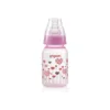 Pigeon Flexible Feeder Clear RPP baby bottle featuring a cute red and brown heart print pattern with a pastel pink collar cap.