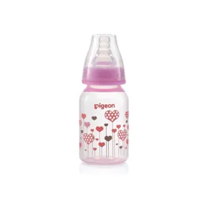 Pigeon Flexible Feeder Clear RPP baby bottle featuring a cute red and brown heart print pattern with a pastel pink collar cap.