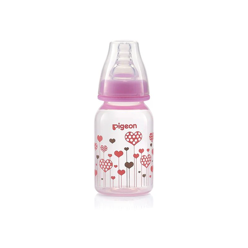 120ml-1-1 Pigeon Flexible Feeder Clear RPP baby bottle featuring a cute red and brown heart print pattern with a pastel pink collar cap.