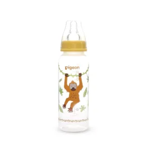 Pigeon Flexible standard neck PP RP feeder bottle 240ml featuring a cute brown orangutan swinging from a vine illustration with a yellow collar cap.