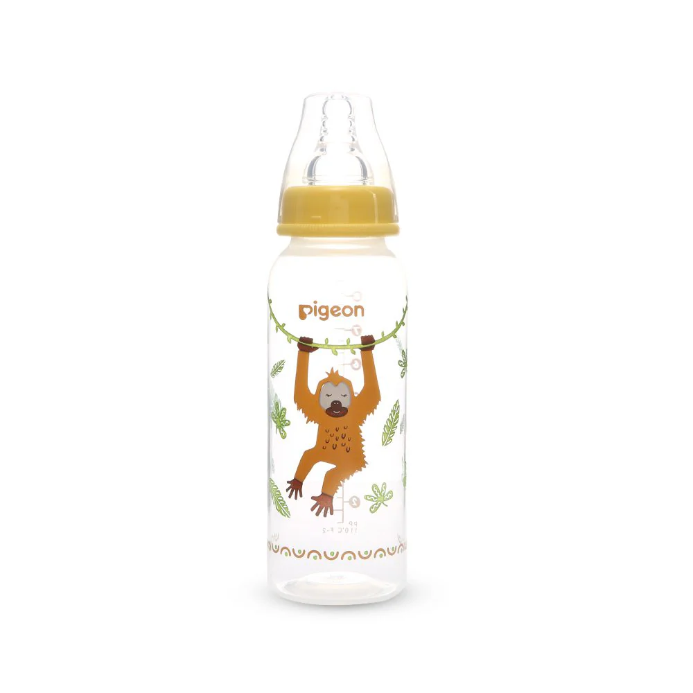 13 Pigeon Flexible standard neck PP RP feeder bottle 240ml featuring a cute brown orangutan swinging from a vine illustration with a yellow collar cap.