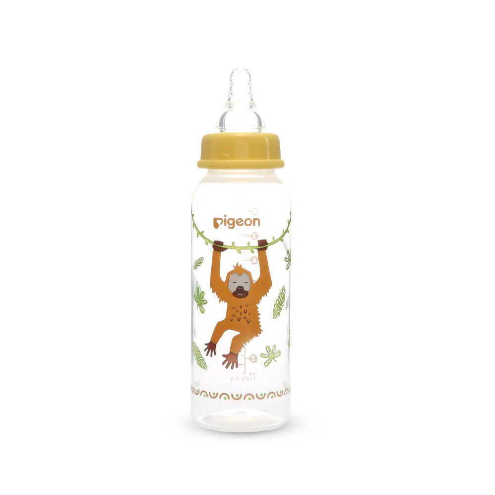14-1 Pigeon Flexible standard neck PP RP feeder bottle 240ml featuring a cute brown orangutan swinging from a vine illustration with a yellow collar cap.