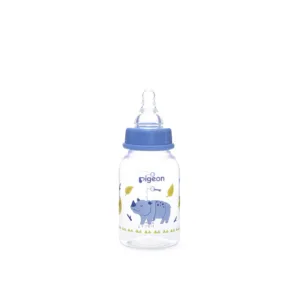 Pigeon Compact Colorful baby bottle for 4+ months featuring a blue rhino print with yellow leaves and a matching blue collar cap.