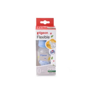 Pigeon Compact Colorful baby bottle for 4+ months featuring a blue rhino print with yellow leaves and a matching blue collar cap.