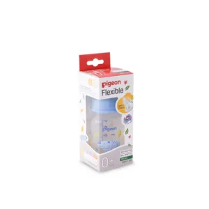 Pigeon Compact Colorful baby bottle for 0+ months featuring a blue rhino print with yellow leaves and a matching blue collar cap.