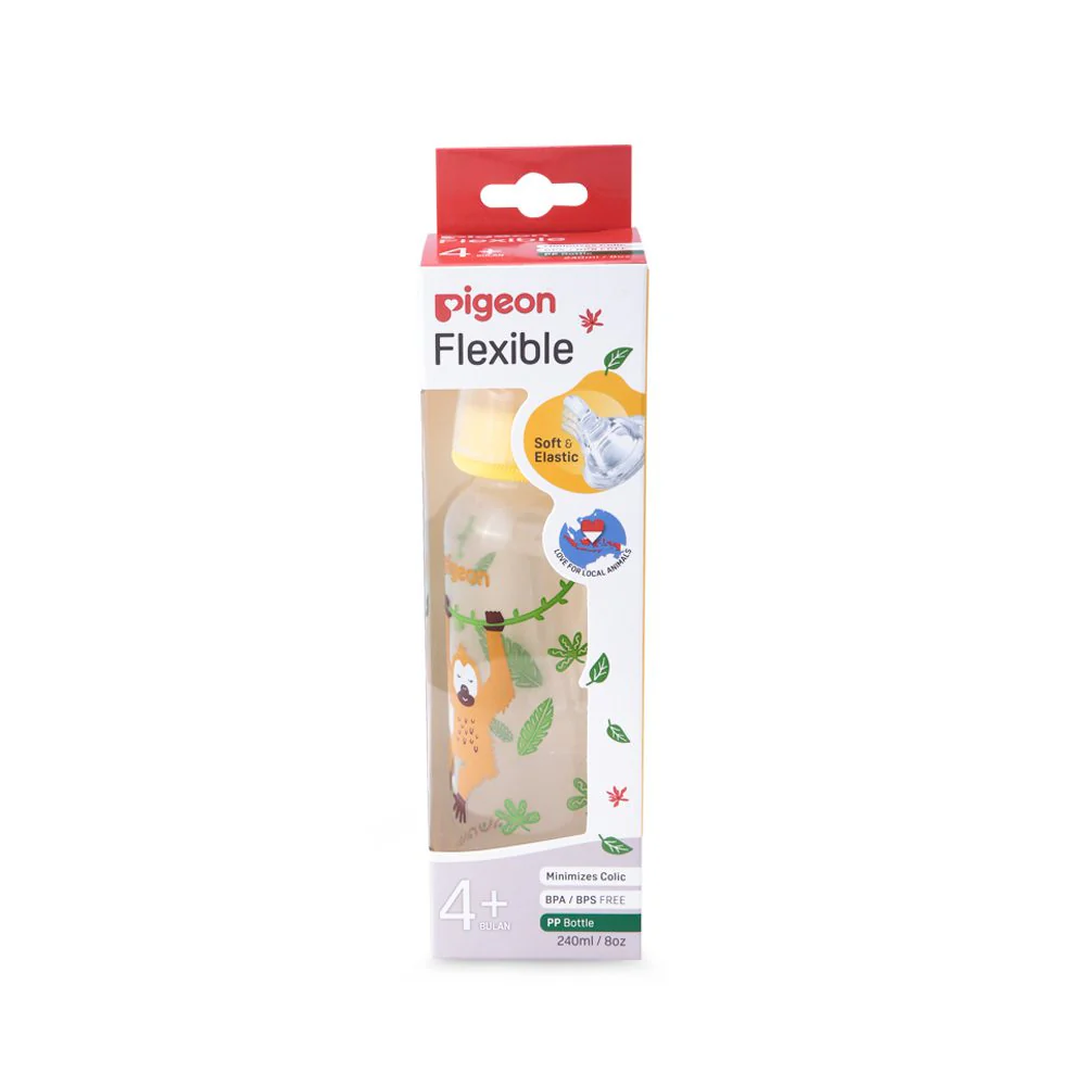 16-2 Pigeon Flexible standard neck PP RP feeder bottle 240ml featuring a cute brown orangutan swinging from a vine illustration with a yellow collar cap.