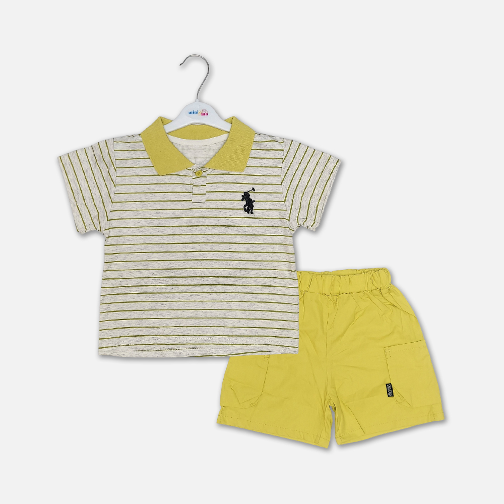 17-1 Mini and Me boys two piece summer suit set hanging on a white hanger, featuring a light grey short sleeve polo shirt with horizontal stripes, a yellow collar, and an embroidered black rider logo, paired with matching lime yellow cargo shorts with side pockets, displayed on a light gray background in file 17-1.jpg.