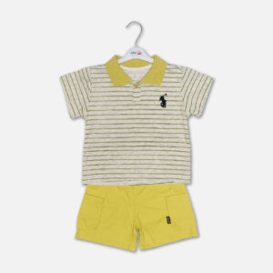 Mini and Me boys two piece summer suit set hanging on a white hanger, featuring a light grey short sleeve polo shirt with horizontal stripes, a yellow collar, and an embroidered black rider logo, paired with matching lime yellow cargo shorts with side pockets, displayed on a light gray background in file 17-1.jpg.