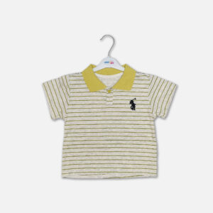 Mini and Me boys two piece summer suit set hanging on a white hanger, featuring a light grey short sleeve polo shirt with horizontal stripes, a yellow collar, and an embroidered black rider logo, paired with matching lime yellow cargo shorts with side pockets, displayed on a light gray background in file 17-1.jpg.