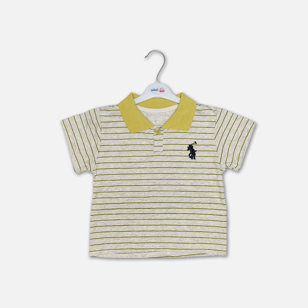17-3 Mini and Me boys two piece summer suit set hanging on a white hanger, featuring a light grey short sleeve polo shirt with horizontal stripes, a yellow collar, and an embroidered black rider logo, paired with matching lime yellow cargo shorts with side pockets, displayed on a light gray background in file 17-1.jpg.