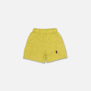 Mini and Me boys two piece summer suit set hanging on a white hanger, featuring a light grey short sleeve polo shirt with horizontal stripes, a yellow collar, and an embroidered black rider logo, paired with matching lime yellow cargo shorts with side pockets, displayed on a light gray background in file 17-1.jpg.