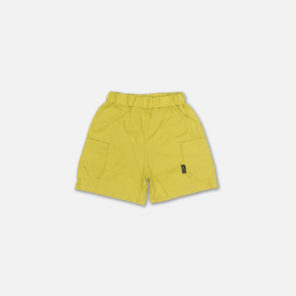 17-4 Mini and Me boys two piece summer suit set hanging on a white hanger, featuring a light grey short sleeve polo shirt with horizontal stripes, a yellow collar, and an embroidered black rider logo, paired with matching lime yellow cargo shorts with side pockets, displayed on a light gray background in file 17-1.jpg.