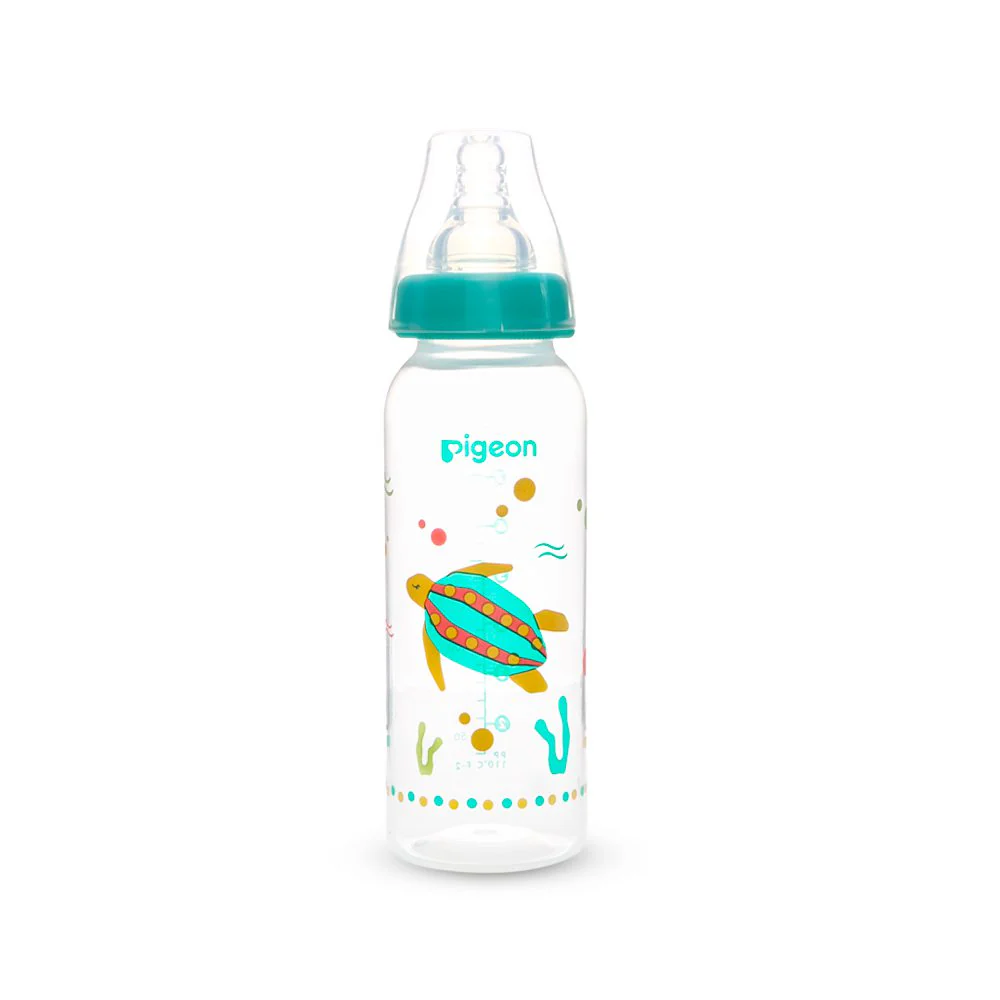 17 Pigeon Flexible standard neck feeder, standard neck baby bottle 240ml, printed baby feeder, turtle print nursing bottle, teal cap baby bottle, anti colic feeding bottle, BPA free PP bottle, Mini and Me online shop