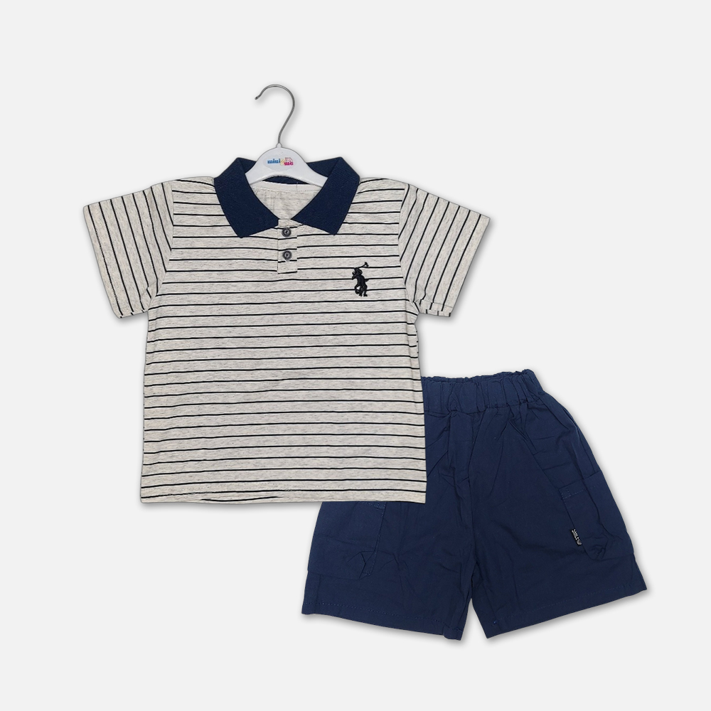 18-1 Mini and Me boys two piece summer suit set hanging on a white hanger, featuring a light grey short sleeve polo shirt with horizontal dark stripes, a navy blue collar, and an embroidered black rider logo, paired with matching navy blue shorts with an elastic waist, displayed on a light gray background in file 18-1.jpg.
