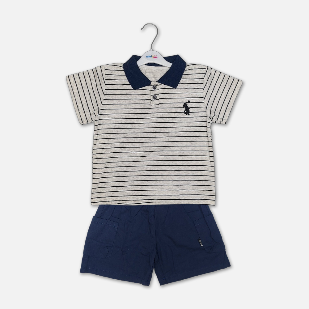 18-2 Mini and Me boys two piece summer suit set hanging on a white hanger, featuring a light grey short sleeve polo shirt with horizontal dark stripes, a navy blue collar, and an embroidered black rider logo, paired with matching navy blue shorts with an elastic waist, displayed on a light gray background in file 18-1.jpg.