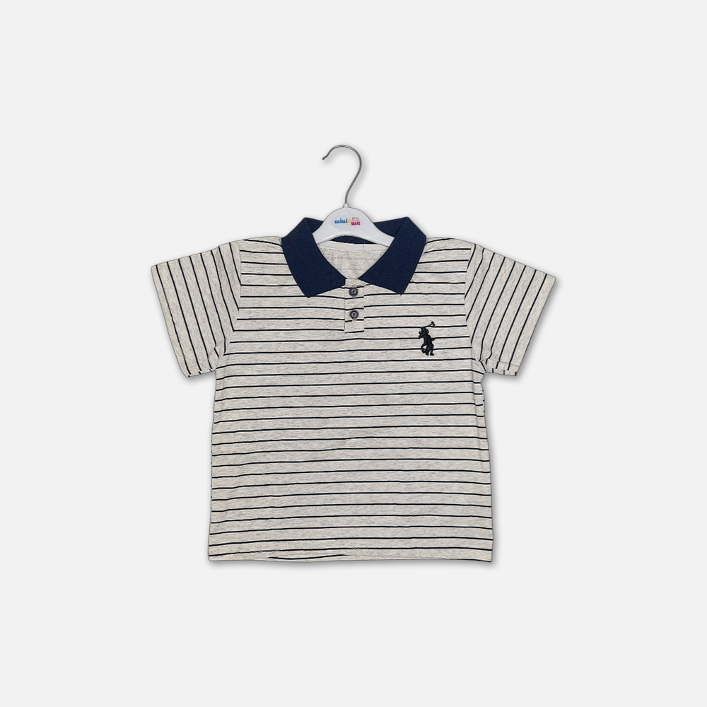 18-3 Mini and Me boys two piece summer suit set hanging on a white hanger, featuring a light grey short sleeve polo shirt with horizontal dark stripes, a navy blue collar, and an embroidered black rider logo, paired with matching navy blue shorts with an elastic waist, displayed on a light gray background in file 18-1.jpg.