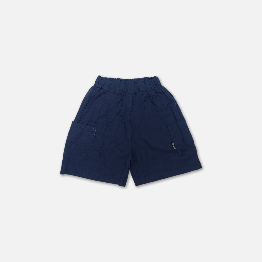 18-4 Mini and Me boys two piece summer suit set hanging on a white hanger, featuring a light grey short sleeve polo shirt with horizontal dark stripes, a navy blue collar, and an embroidered black rider logo, paired with matching navy blue shorts with an elastic waist, displayed on a light gray background in file 18-1.jpg.