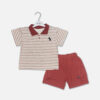 Mini and Me boys two piece summer suit set hanging on a white hanger, featuring a light grey short sleeve polo shirt with horizontal maroon stripes, a maroon collar, and an embroidered black rider logo, paired with matching maroon cargo shorts with side pockets, displayed on a light gray background in file 19-1.jpg.