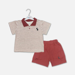Mini and Me boys two piece summer suit set hanging on a white hanger, featuring a light grey short sleeve polo shirt with horizontal maroon stripes, a maroon collar, and an embroidered black rider logo, paired with matching maroon cargo shorts with side pockets, displayed on a light gray background in file 19-1.jpg.