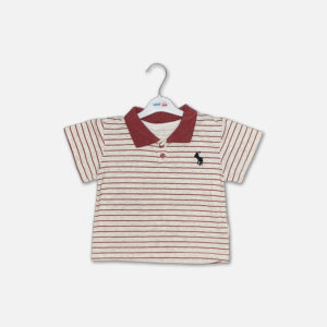 Mini and Me boys two piece summer suit set hanging on a white hanger, featuring a light grey short sleeve polo shirt with horizontal maroon stripes, a maroon collar, and an embroidered black rider logo, paired with matching maroon cargo shorts with side pockets, displayed on a light gray background in file 19-1.jpg.