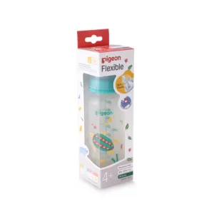 Pigeon Flexible standard neck feeder, standard neck baby bottle 240ml, printed baby feeder, turtle print nursing bottle, teal cap baby bottle, anti colic feeding bottle, BPA free PP bottle, Mini and Me online shop
