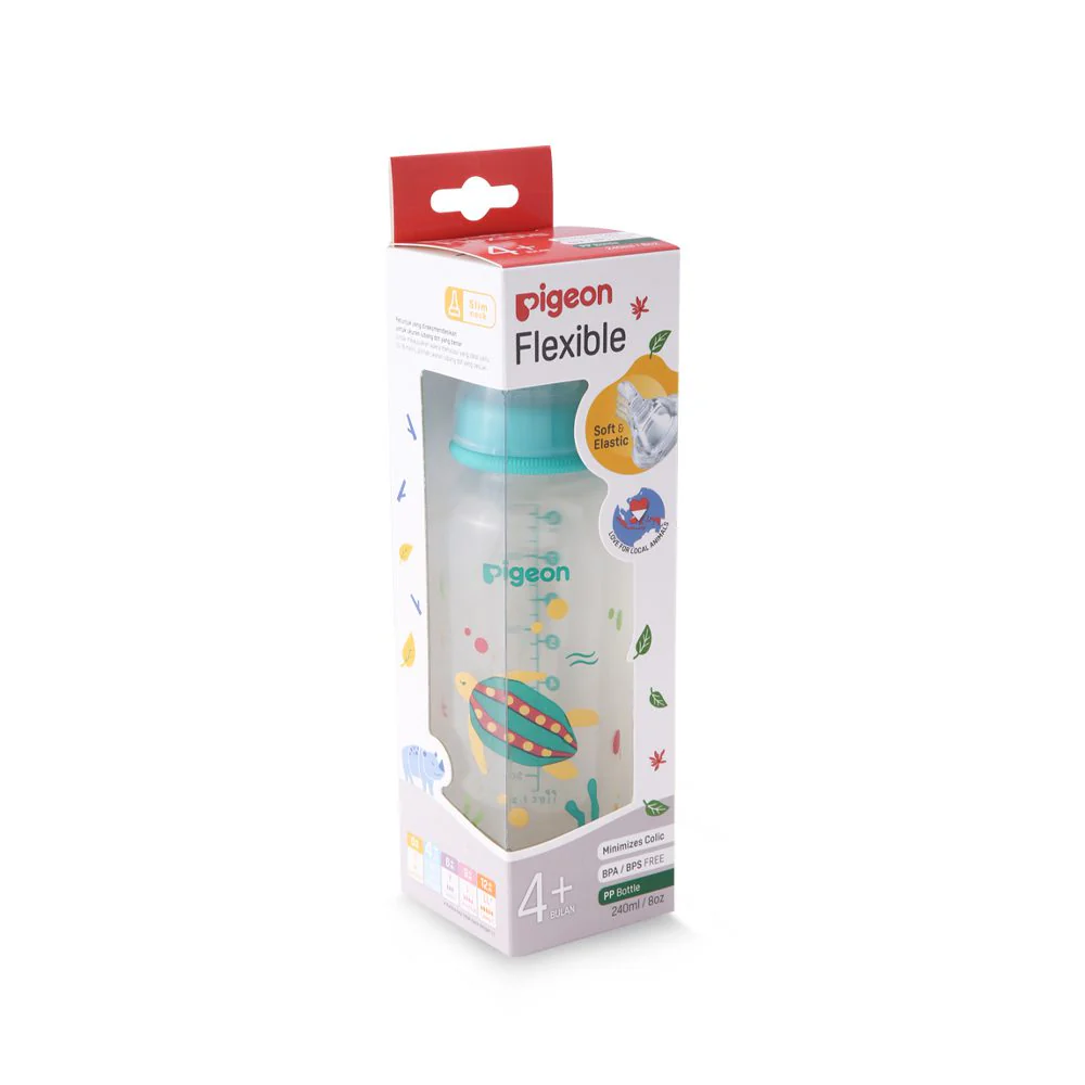 20 Pigeon Flexible standard neck feeder, standard neck baby bottle 240ml, printed baby feeder, turtle print nursing bottle, teal cap baby bottle, anti colic feeding bottle, BPA free PP bottle, Mini and Me online shop