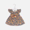 An elegant dark grey baby girl cotton frock with a vibrant orange and peach vintage floral print, featuring ruffle cap sleeves and a thin pink waist ribbon detailed with a central three-piece fabric flower cluster.