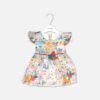 Mini and Me baby girl multicolor watercolor floral frock with blue yellow and orange flowers and a 3D fabric flower accent on the waist hanging on a white hanger