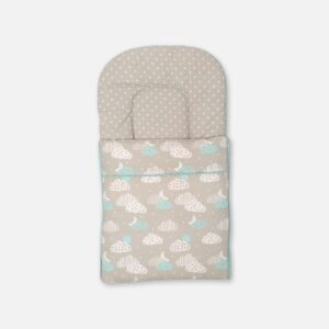 Premium cotton baby carry nest from Mini & Me featuring a soft grey and white polka dot headrest with an attached lower blanket decorated with white and mint blue clouds, tiny stars, and crescent moons.