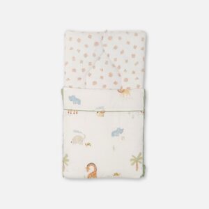 A convertible cream-colored baby carry nest featuring a pastel safari animal print with elephants, giraffes, and lions, showing both the open rectangular bedding layout and the zipped hooded setup with fabric ears.